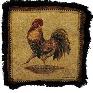 Wendy Wegner Rooster Tapestry Throw Pillow Square Fringe Farmhouse Shabby Chic